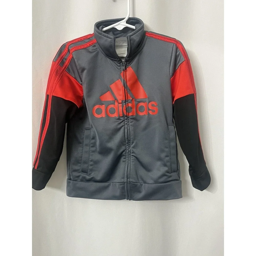 Adidas Jacket Boy Toddler 3T Full Zip High Neck 3 Lines Grey Red Black (B9)
